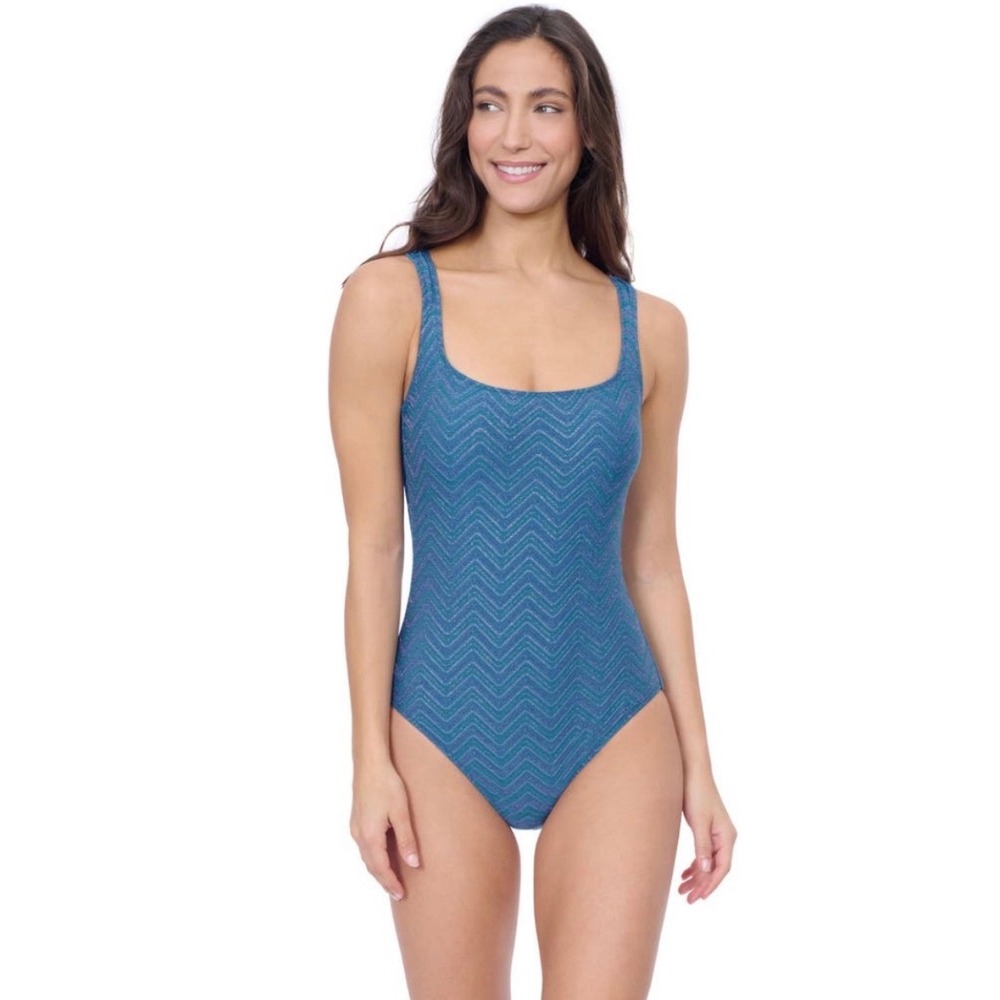 Profile by Gottex One Piece Swimsuit Womens 8 Blue Metallic Chevron NWT UPF50